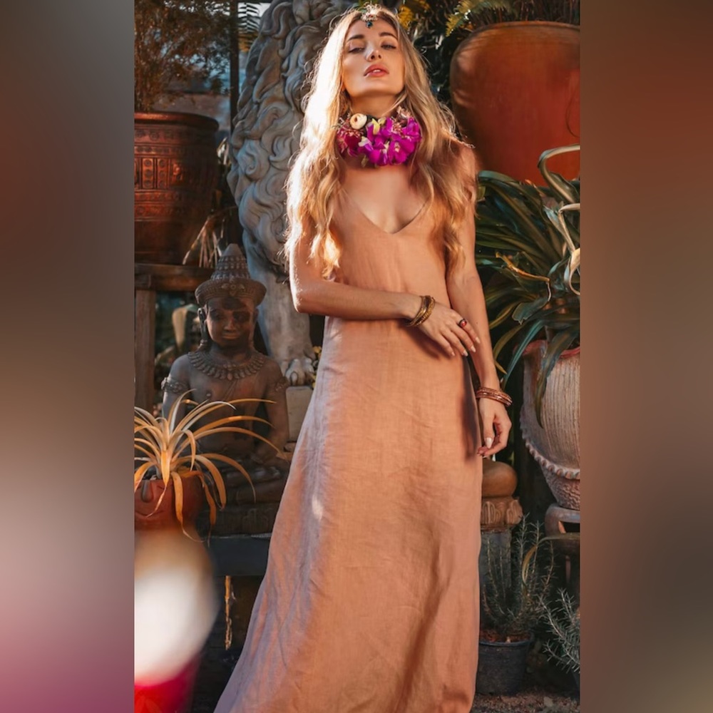 BOHO Dusty Pink Dress 100% Linen, Hand-Dyed
